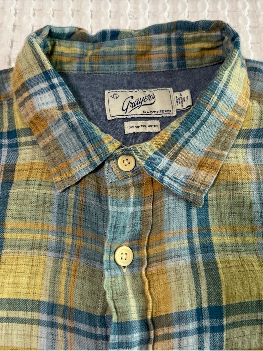 Grayers Men's Plaid Button-Up Shirt in Blue and Yellow Madras Large